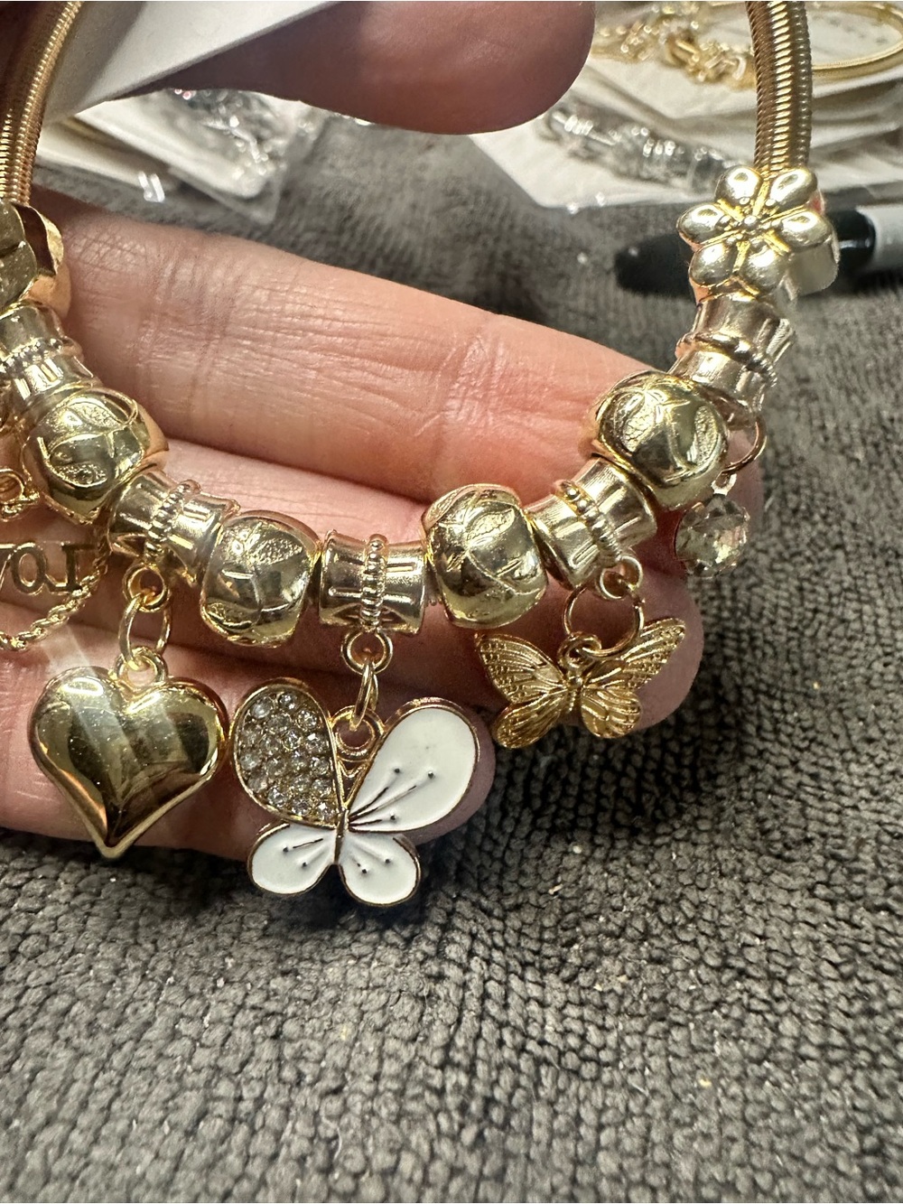 Butterfly Dsigns Gold Charm Bangle with White Enamel Butterfly